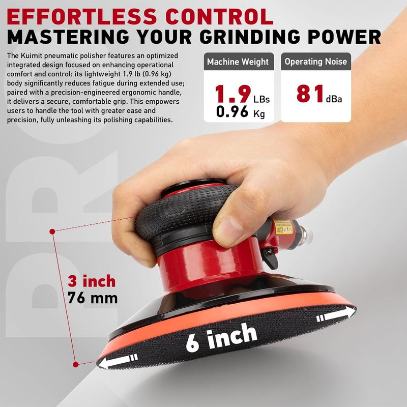 PUIMIT Professional 6" Dual Action Random Orbit Air Sander, Pneumatic Palm Sander, Low Vibration, Heavy Duty - Image 3